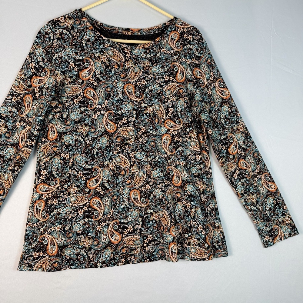 J Jill Size-L Womens Top Pima Cotton Paisley Print Black - Picture 2 of 9